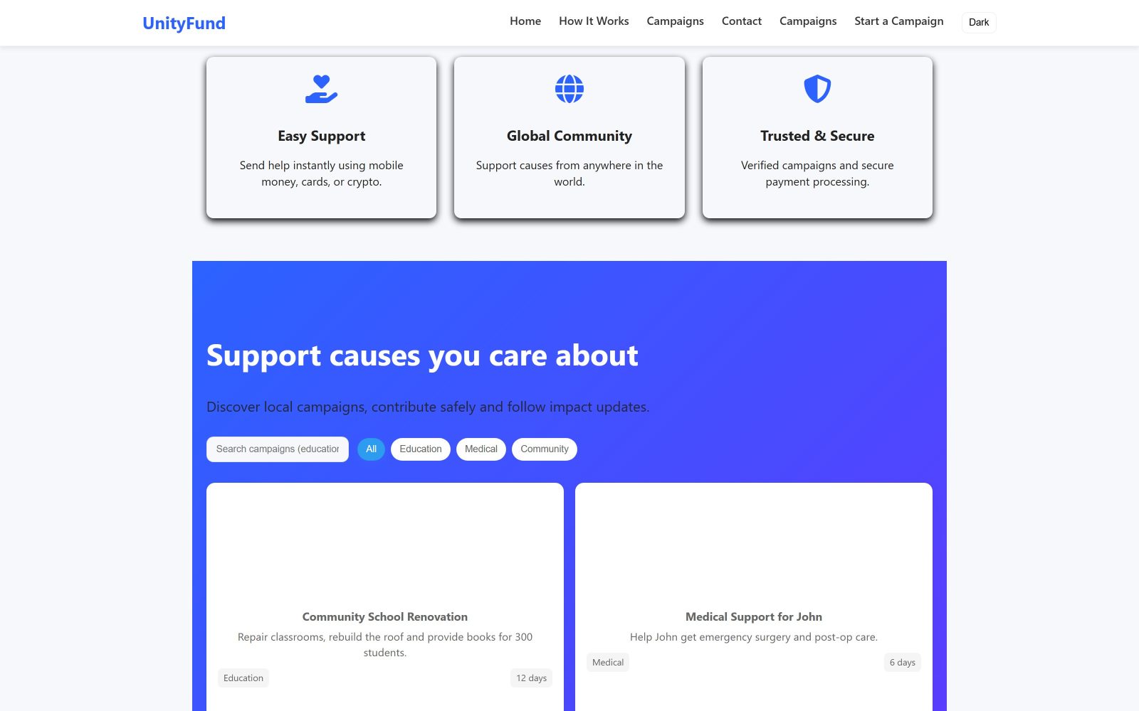 UnityFund: Dual Theme Crowdfunding Platform